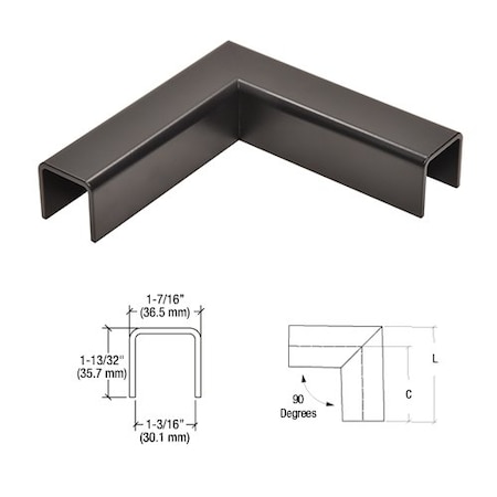 Cr Laurence Matte Black L10 Series U-Channel 90 Degree Horizontal Corner for 21.52 mm Glass Cap Railing L10HMBL